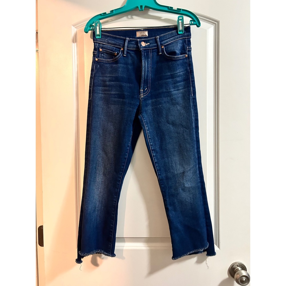 MOTHER The Step Fray High Waisted Straight Leg crop Jeans Dark Wash Blue Raw Hem